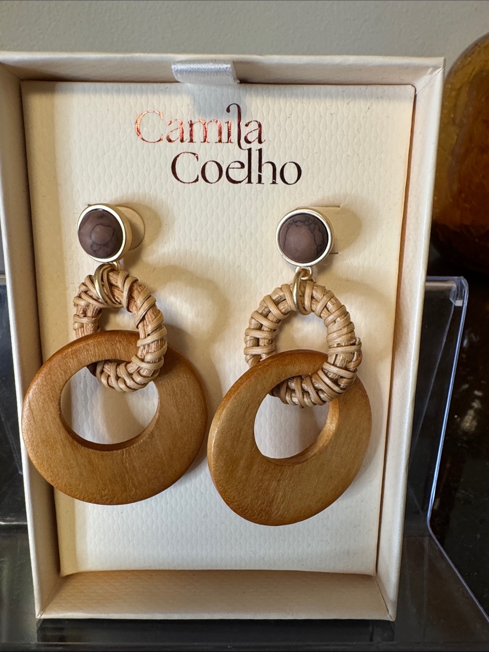 Camila Coelho Natural Brown Wood & Woven Hoop Drop Earrings